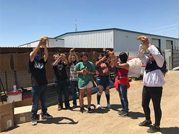 students at farm holding chickens